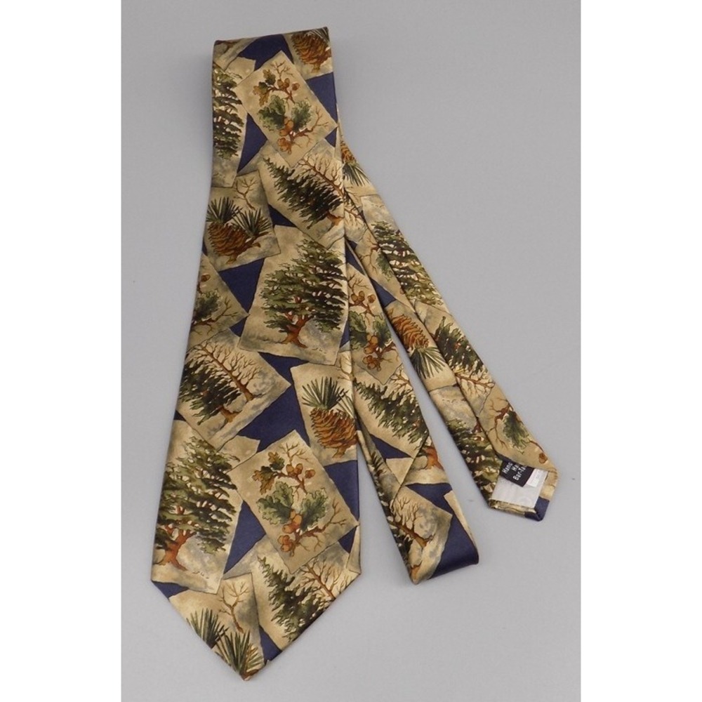 100% Silk Oscar de la Renta Tie Couture Tree Acorn Pinecone Print Hand Sewn USA